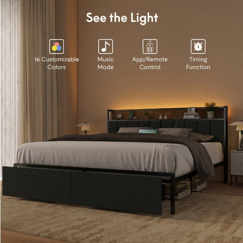 King-size bed frame met een oplaadstation en led lichten.