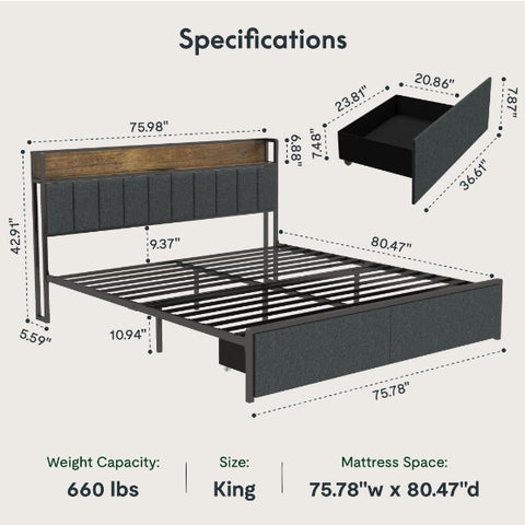 King-size bed frame met een oplaadstation en led lichten.