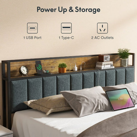 King-size bed frame met een oplaadstation en led lichten.